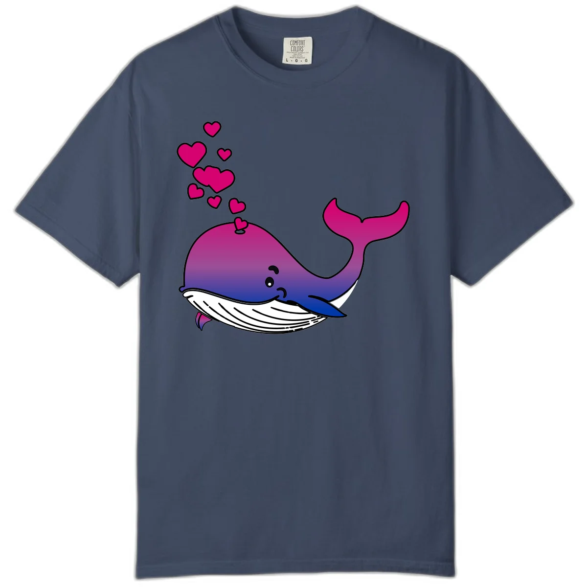 Illustration of a gradient magenta and blue whale spouting pink hearts, representing love and ocean wildlife in Midnight