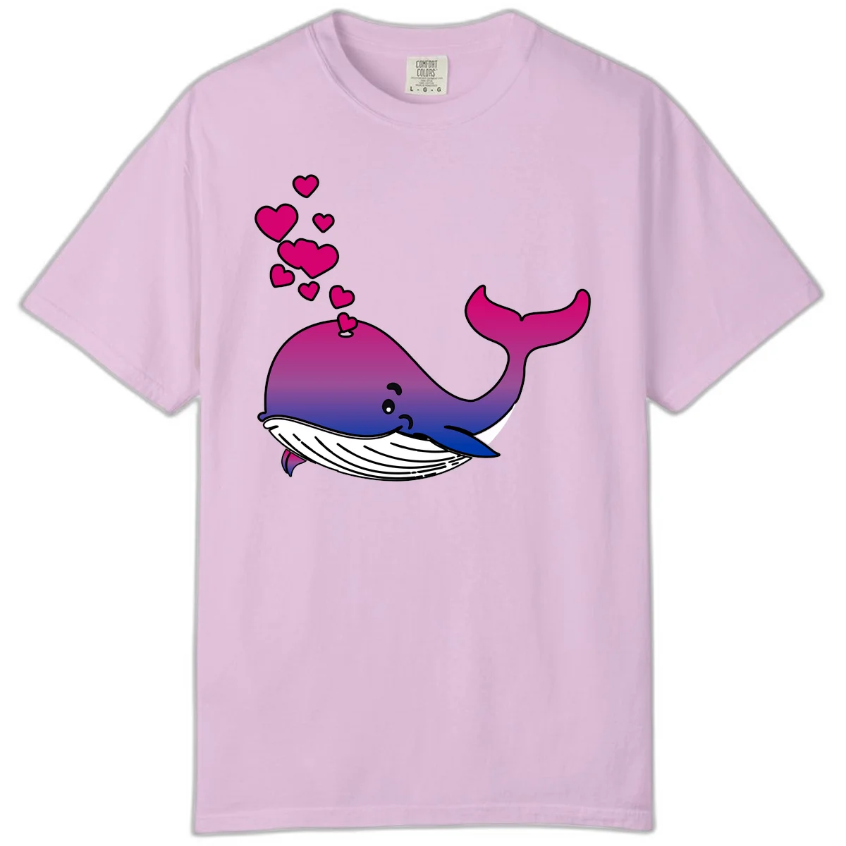 Illustration of a gradient magenta and blue whale spouting pink hearts, representing love and ocean wildlife in Orchid