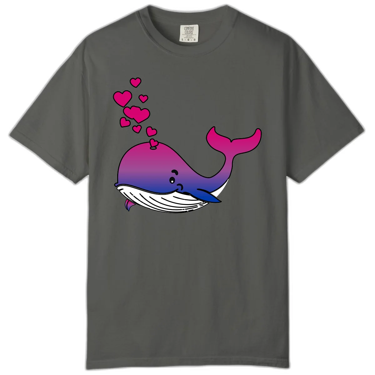 Illustration of a gradient magenta and blue whale spouting pink hearts, representing love and ocean wildlife in Pepper