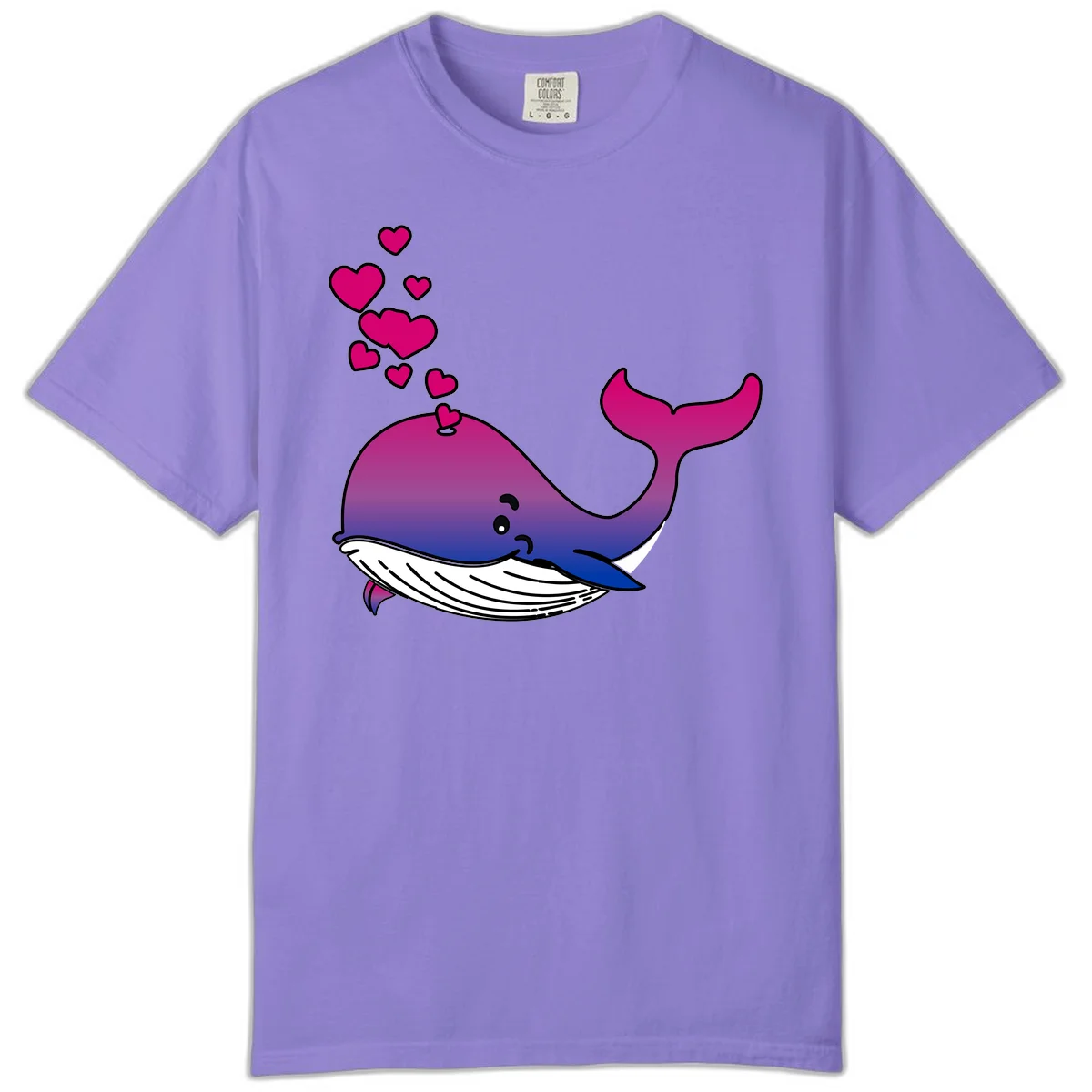 Illustration of a gradient magenta and blue whale spouting pink hearts, representing love and ocean wildlife in Violet