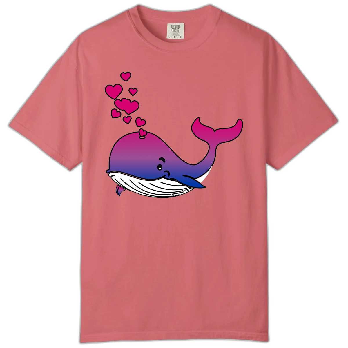 Illustration of a gradient magenta and blue whale spouting pink hearts, representing love and ocean wildlife in Watermelon