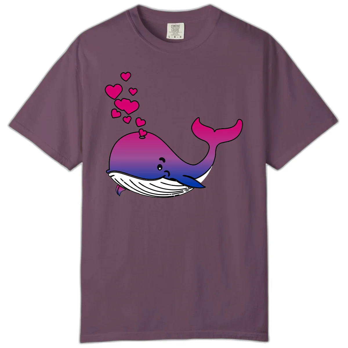 Illustration of a gradient magenta and blue whale spouting pink hearts, representing love and ocean wildlife in Berry
