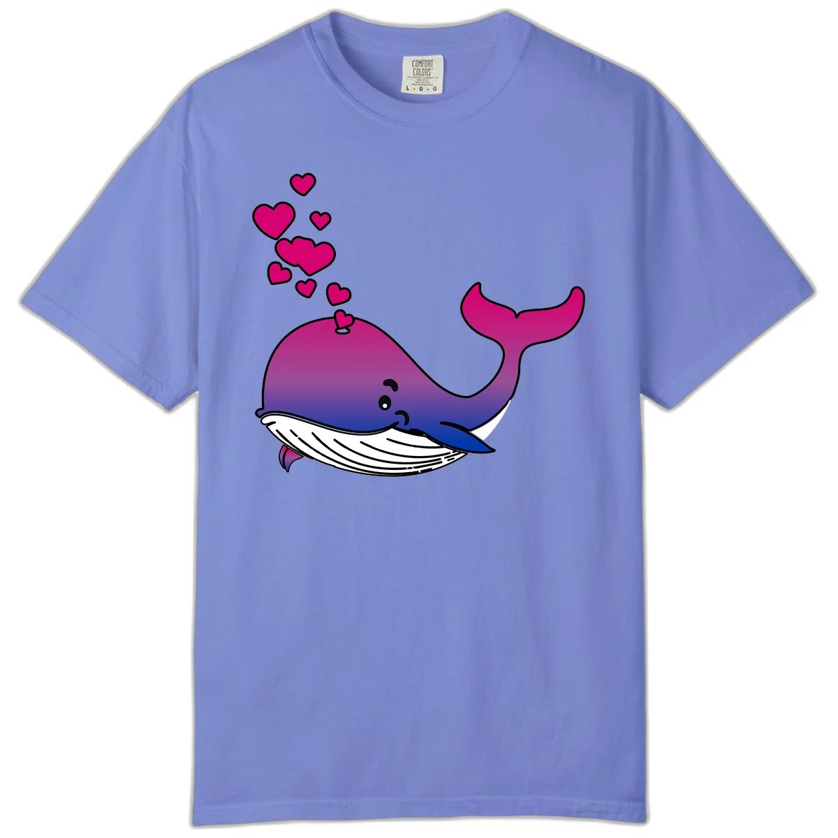 Illustration of a gradient magenta and blue whale spouting pink hearts, representing love and ocean wildlife in Flo Blue