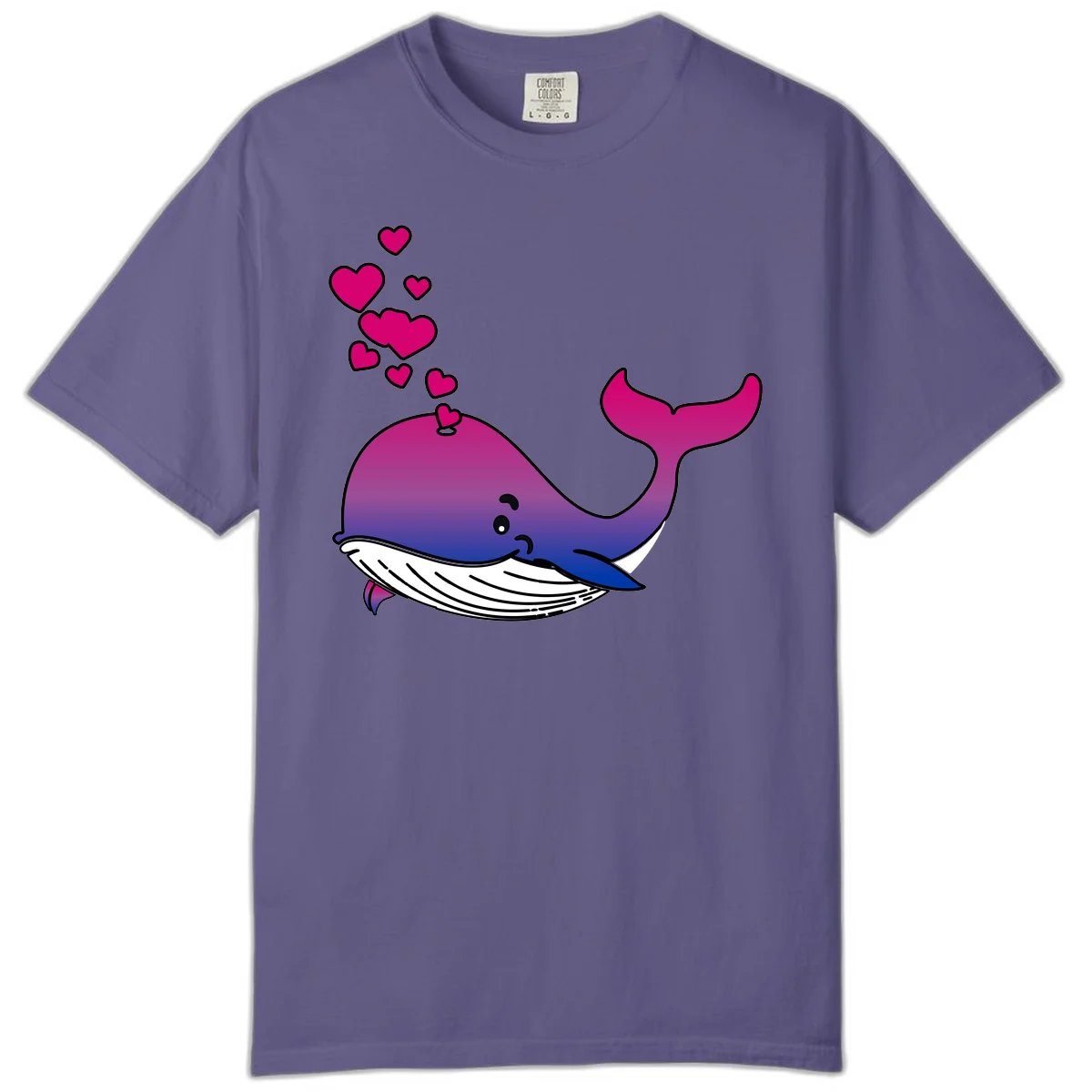 Illustration of a gradient magenta and blue whale spouting pink hearts, representing love and ocean wildlife in Grape