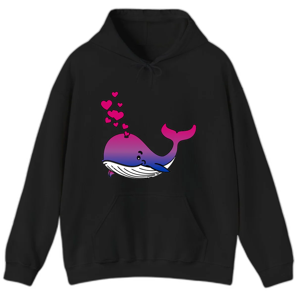 Illustration of a gradient magenta and blue whale spouting pink hearts, representing love and ocean wildlife in Black