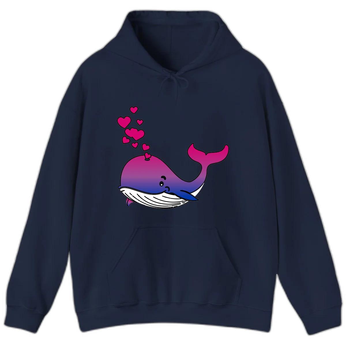 Illustration of a gradient magenta and blue whale spouting pink hearts, representing love and ocean wildlife in Navy