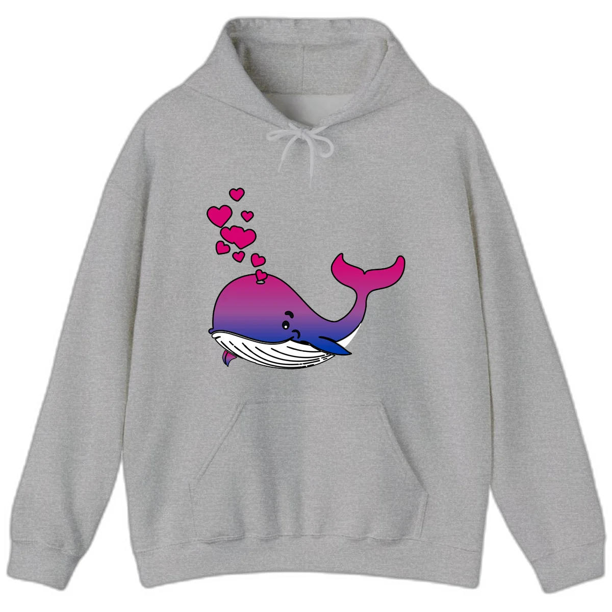 Illustration of a gradient magenta and blue whale spouting pink hearts, representing love and ocean wildlife in Sport Grey