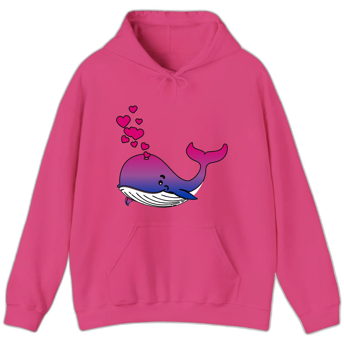 Illustration of a gradient magenta and blue whale spouting pink hearts, representing love and ocean wildlife in Heliconia