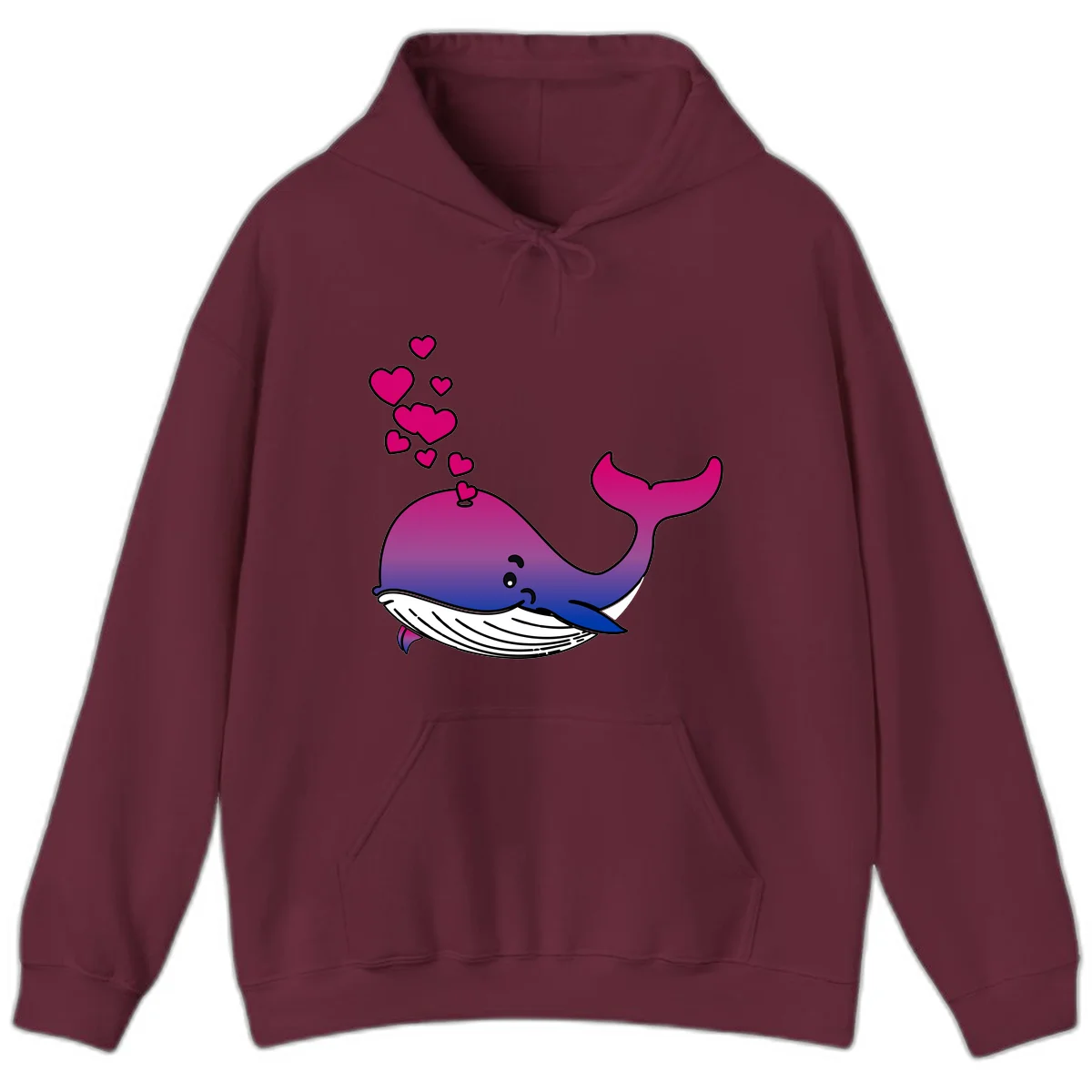 Illustration of a gradient magenta and blue whale spouting pink hearts, representing love and ocean wildlife in Maroon