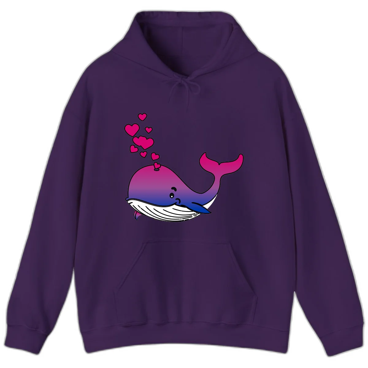 Illustration of a gradient magenta and blue whale spouting pink hearts, representing love and ocean wildlife in Purple