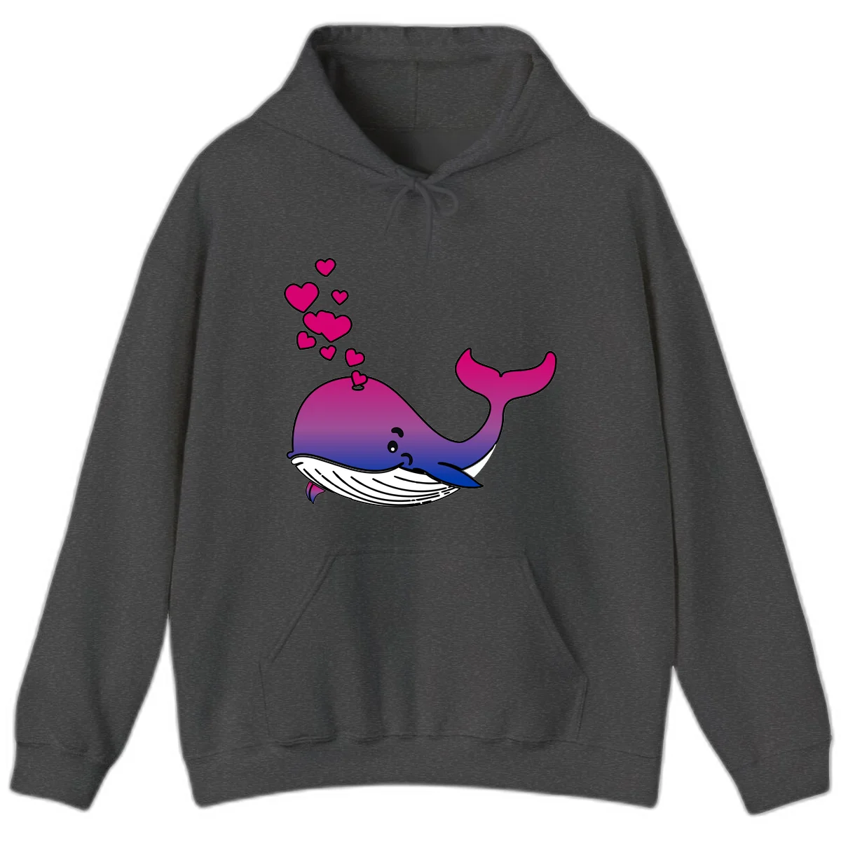 Illustration of a gradient magenta and blue whale spouting pink hearts, representing love and ocean wildlife in Dark Heather