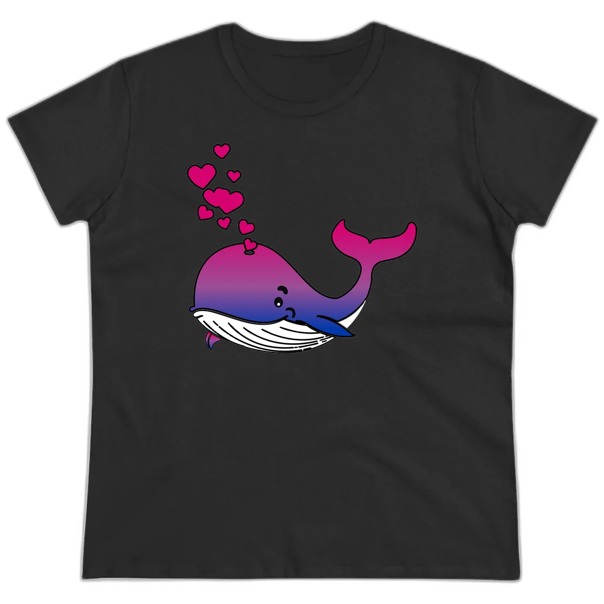 Illustration of a gradient magenta and blue whale spouting pink hearts, representing love and ocean wildlife in Black