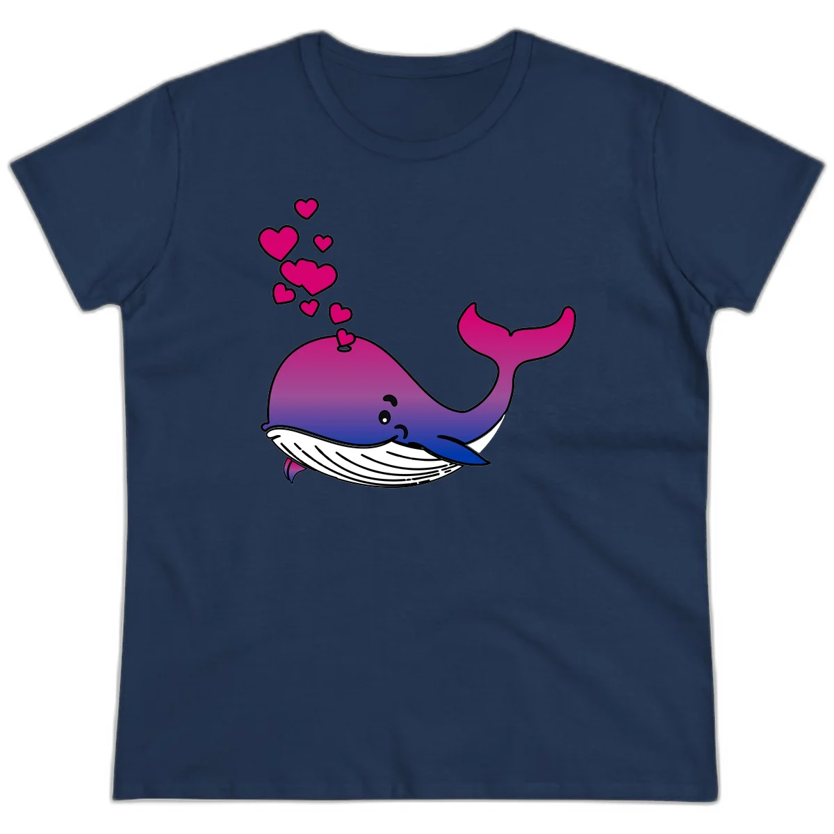 Illustration of a gradient magenta and blue whale spouting pink hearts, representing love and ocean wildlife in Navy