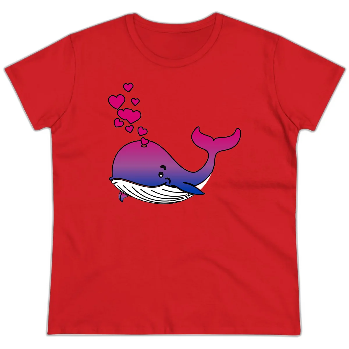 Illustration of a gradient magenta and blue whale spouting pink hearts, representing love and ocean wildlife in Red