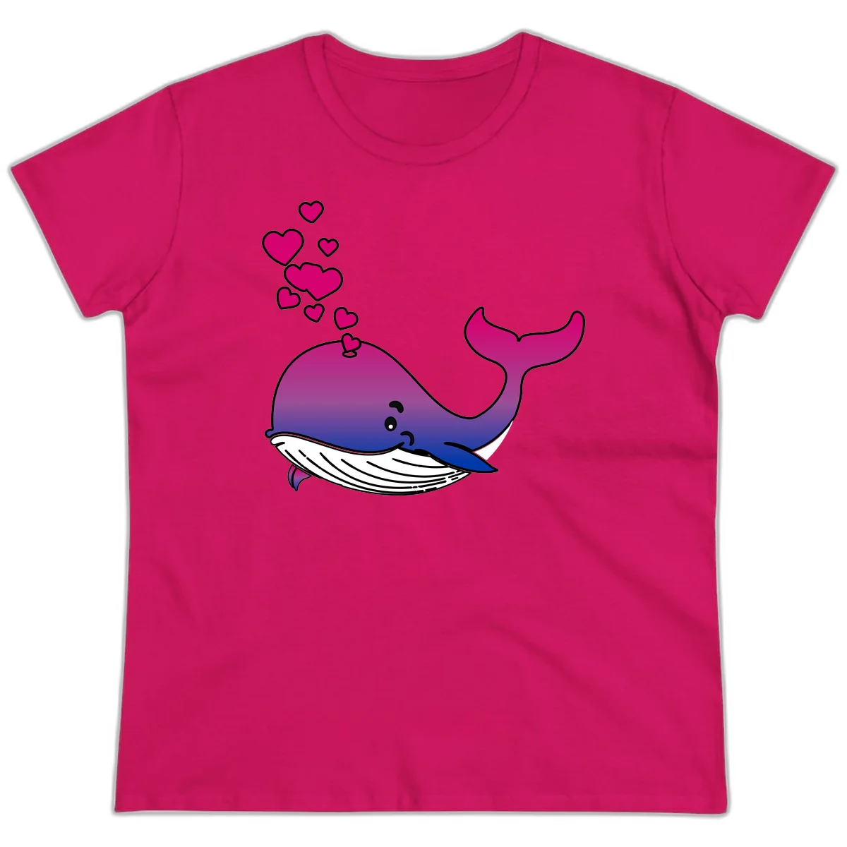 Illustration of a gradient magenta and blue whale spouting pink hearts, representing love and ocean wildlife in Heliconia