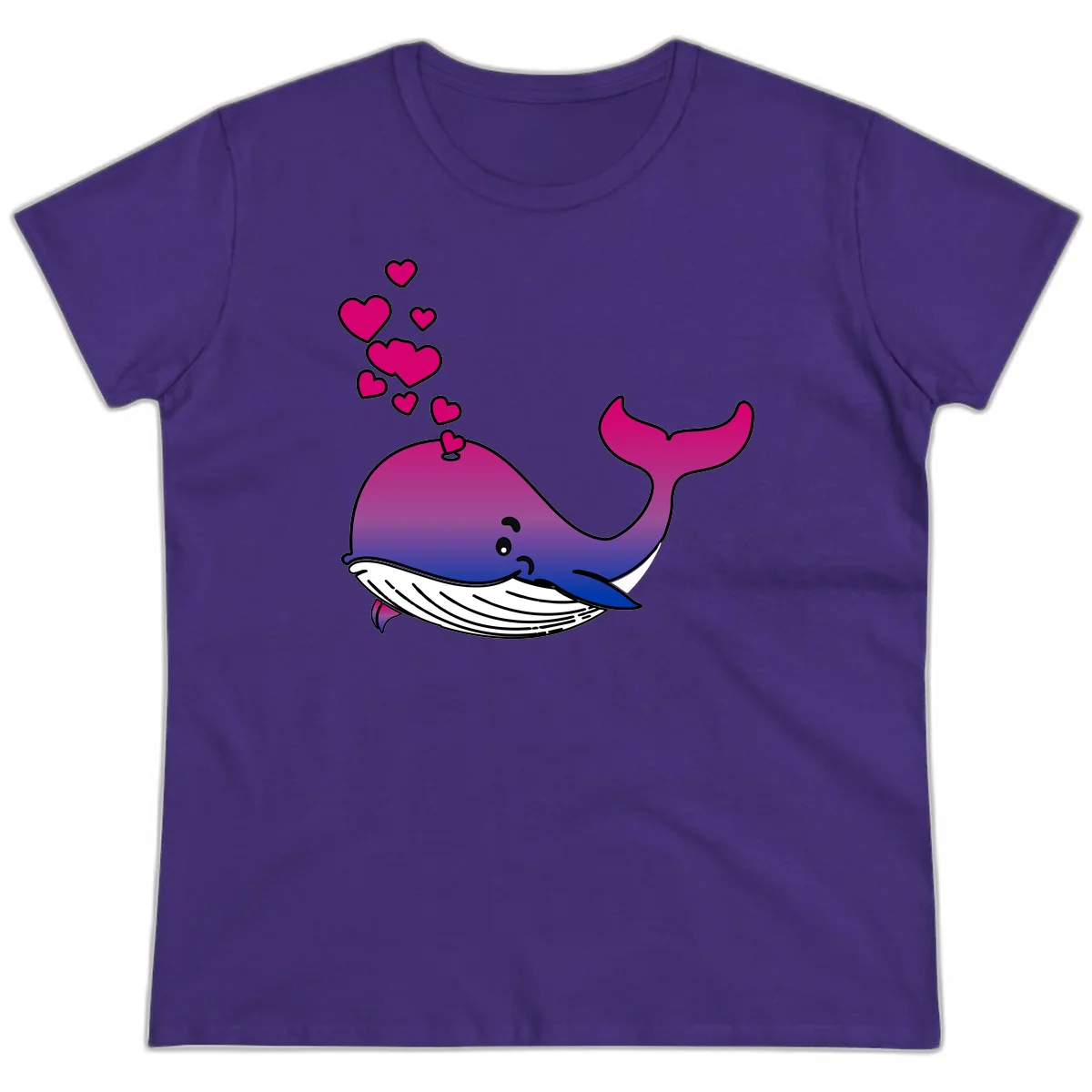 Illustration of a gradient magenta and blue whale spouting pink hearts, representing love and ocean wildlife in Purple