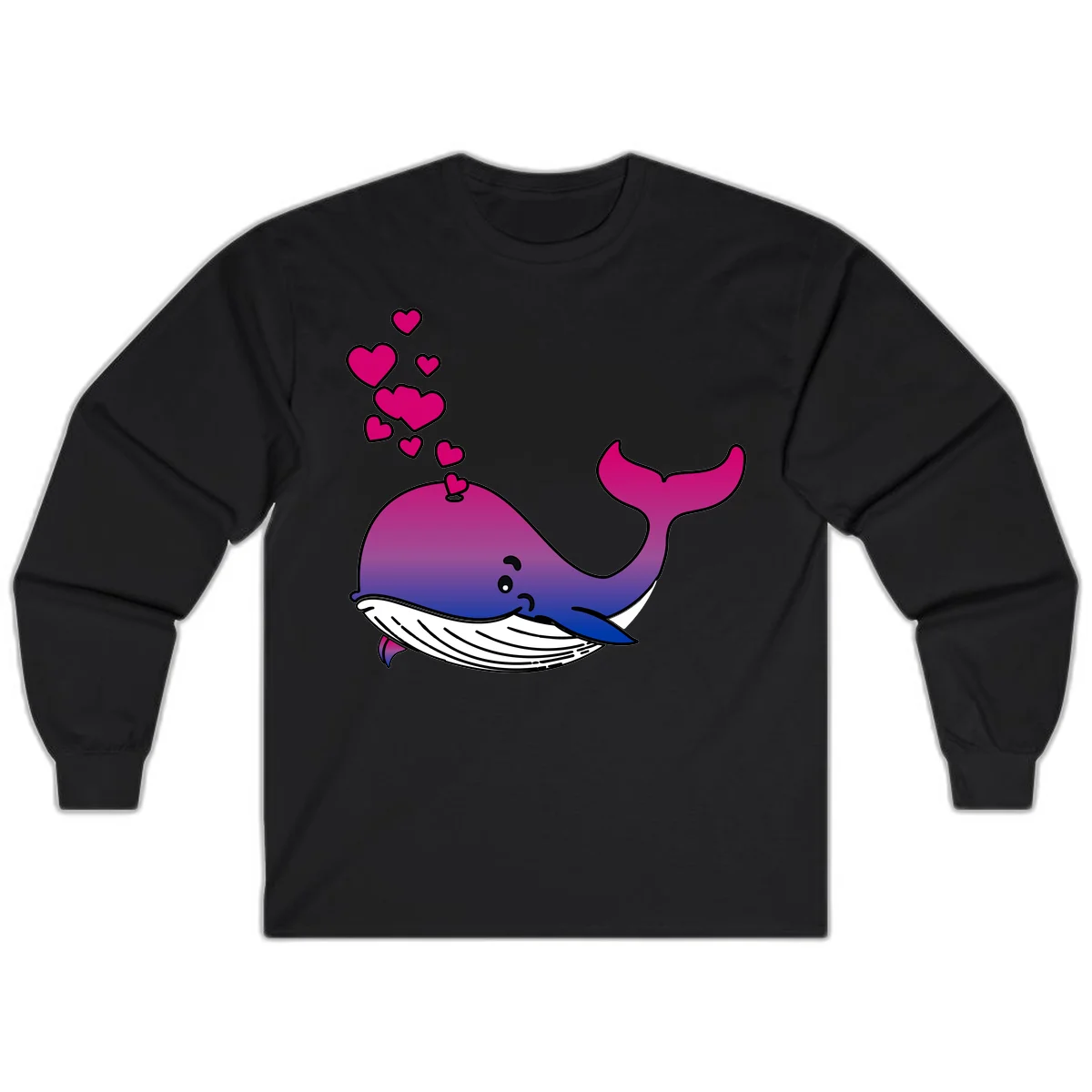 Illustration of a gradient magenta and blue whale spouting pink hearts, representing love and ocean wildlife in Black