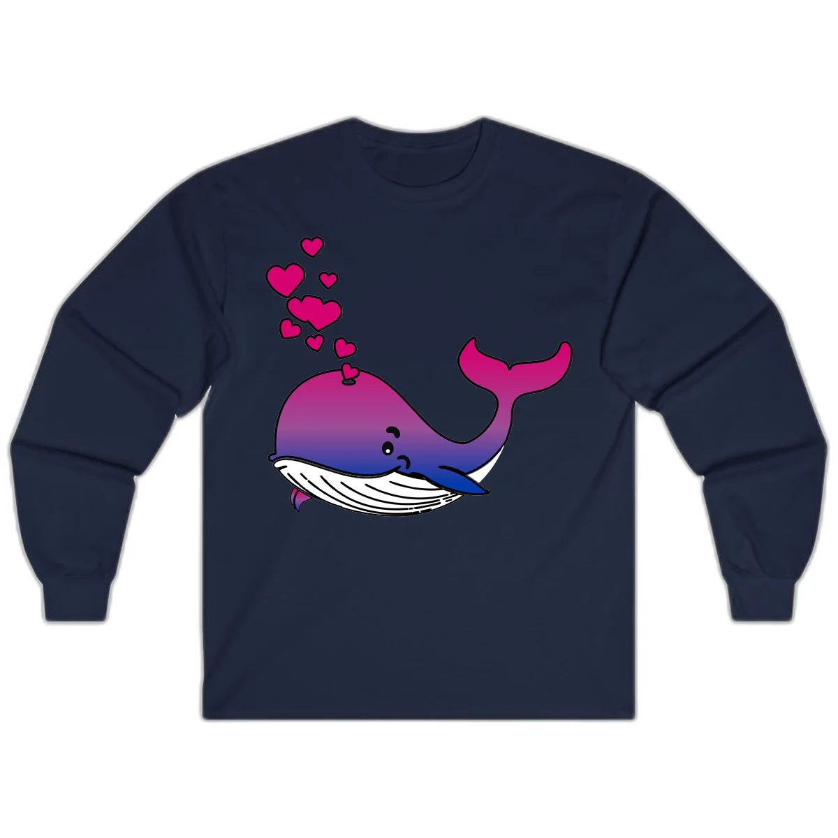 Illustration of a gradient magenta and blue whale spouting pink hearts, representing love and ocean wildlife in Navy