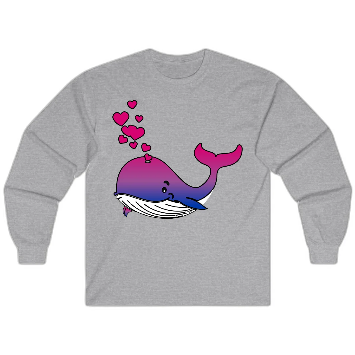 Illustration of a gradient magenta and blue whale spouting pink hearts, representing love and ocean wildlife in Sport Grey