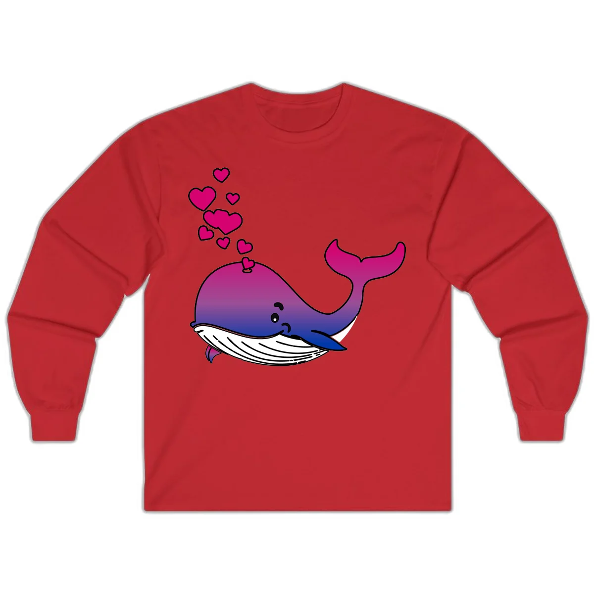 Illustration of a gradient magenta and blue whale spouting pink hearts, representing love and ocean wildlife in Red