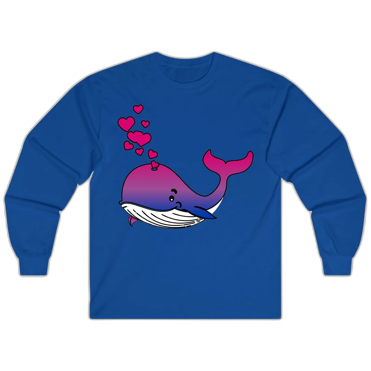 Illustration of a gradient magenta and blue whale spouting pink hearts, representing love and ocean wildlife in Royal