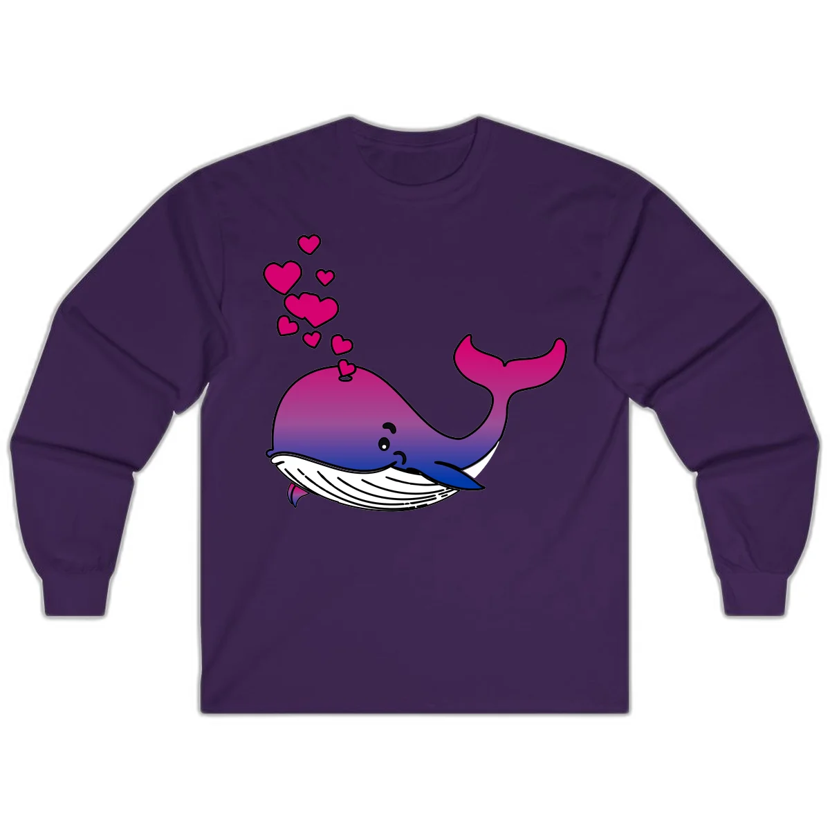 Illustration of a gradient magenta and blue whale spouting pink hearts, representing love and ocean wildlife in Purple