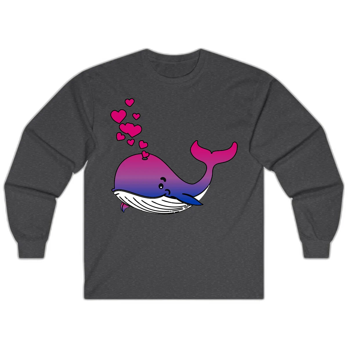 Illustration of a gradient magenta and blue whale spouting pink hearts, representing love and ocean wildlife in Dark Heather