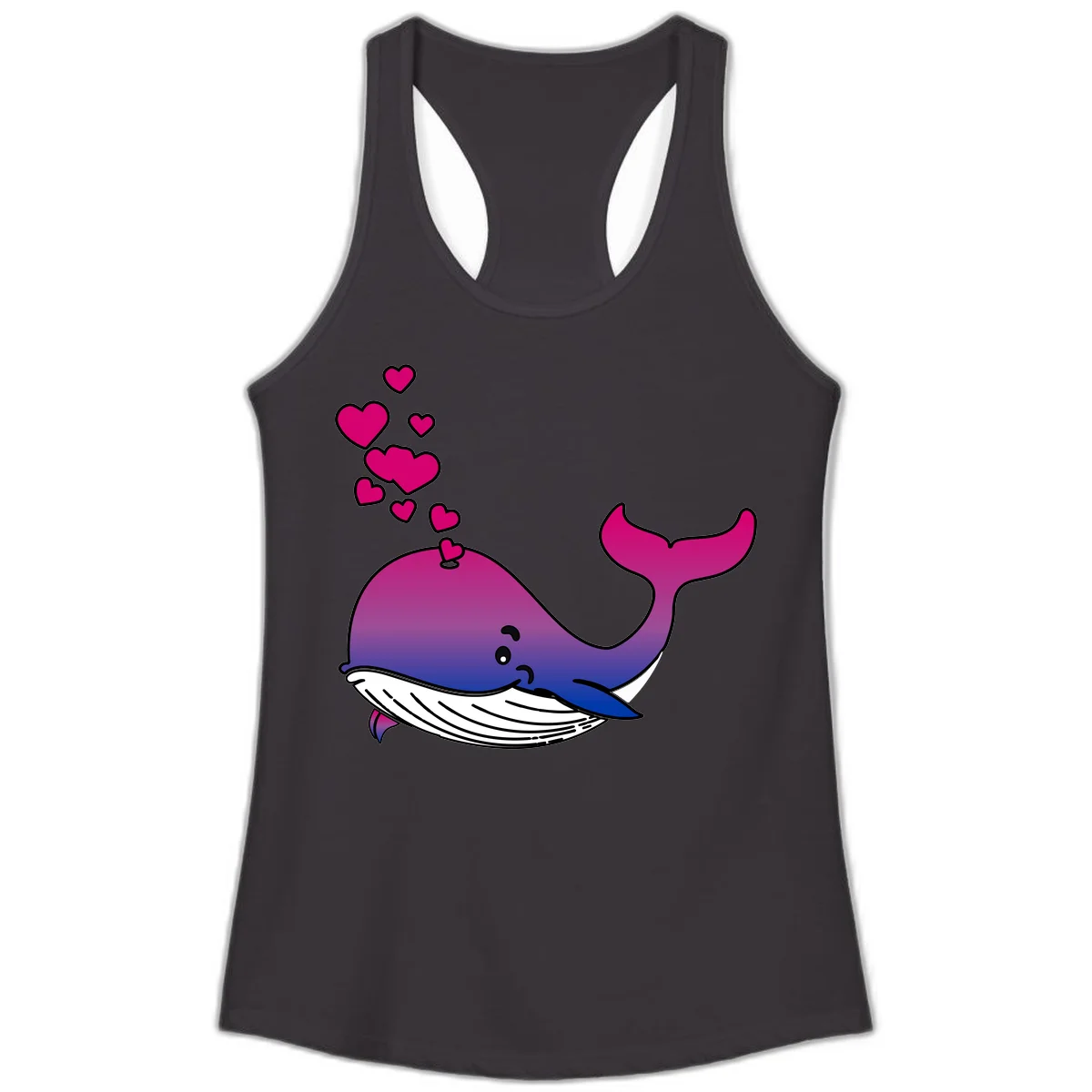 Illustration of a gradient magenta and blue whale spouting pink hearts, representing love and ocean wildlife in Black