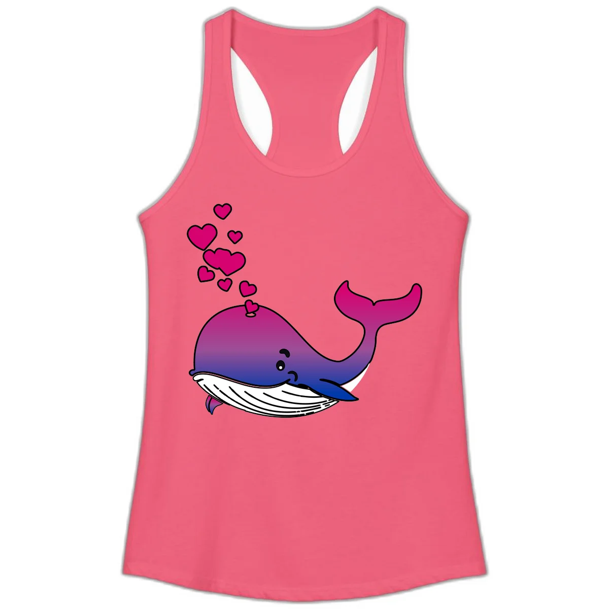 Illustration of a gradient magenta and blue whale spouting pink hearts, representing love and ocean wildlife in Hot Pink