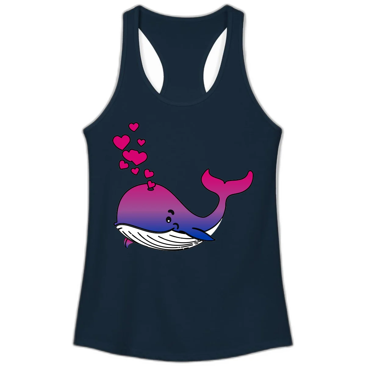 Illustration of a gradient magenta and blue whale spouting pink hearts, representing love and ocean wildlife in Solid Midnight Navy