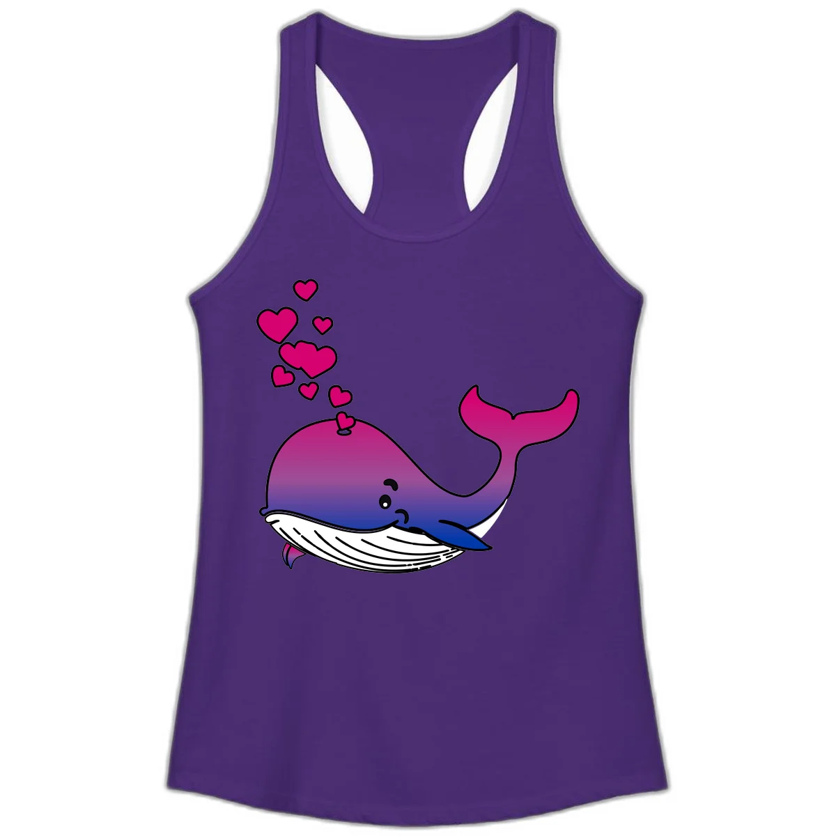 Illustration of a gradient magenta and blue whale spouting pink hearts, representing love and ocean wildlife in Solid Purple Rush
