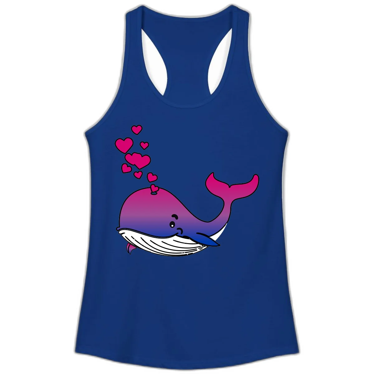 Illustration of a gradient magenta and blue whale spouting pink hearts, representing love and ocean wildlife in Solid Royal