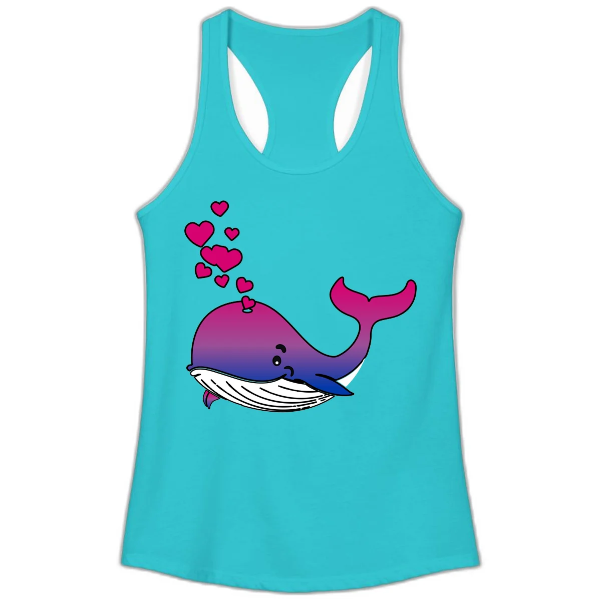 Illustration of a gradient magenta and blue whale spouting pink hearts, representing love and ocean wildlife in Solid Tahiti Blue