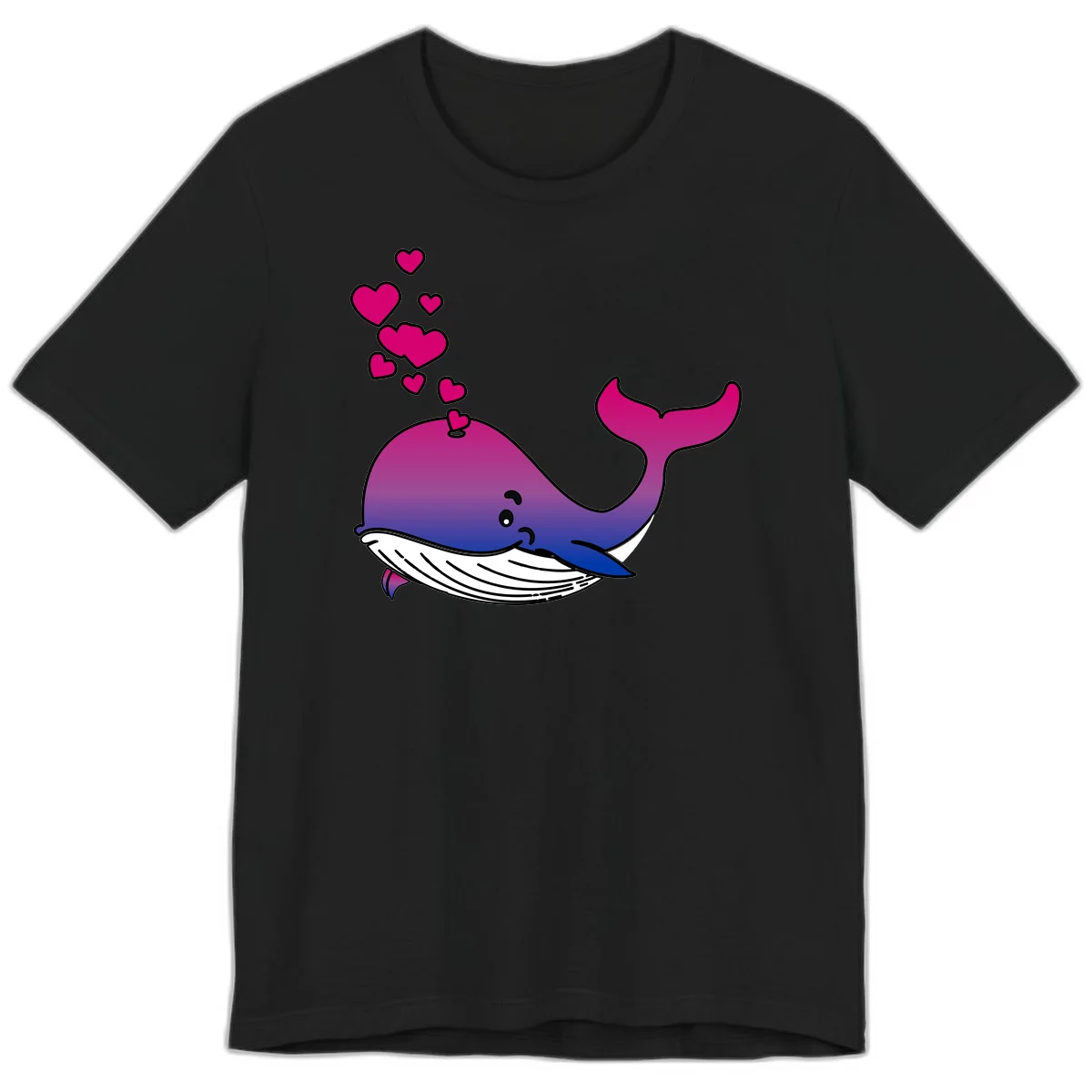 Illustration of a gradient magenta and blue whale spouting pink hearts, representing love and ocean wildlife in Black