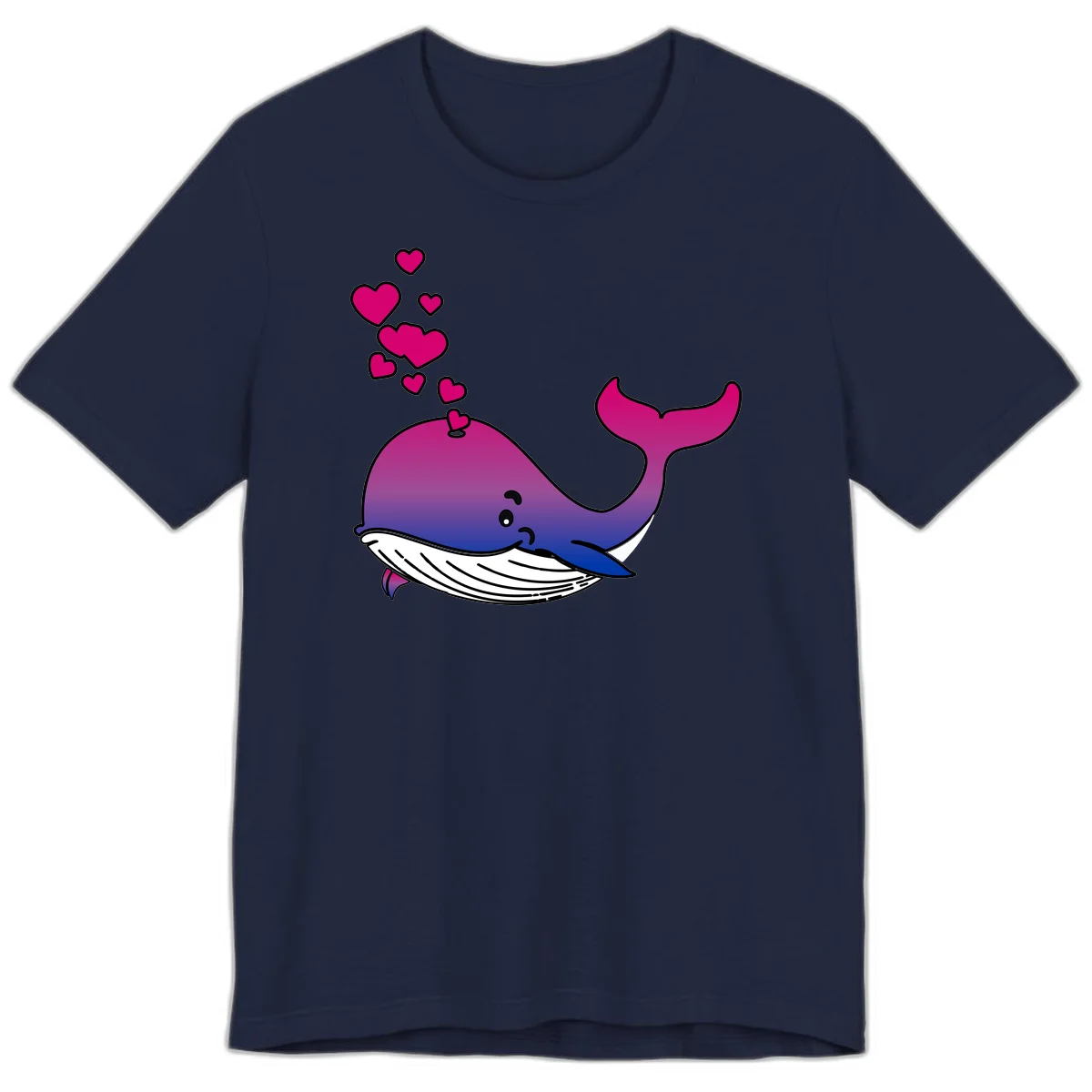Illustration of a gradient magenta and blue whale spouting pink hearts, representing love and ocean wildlife in Navy