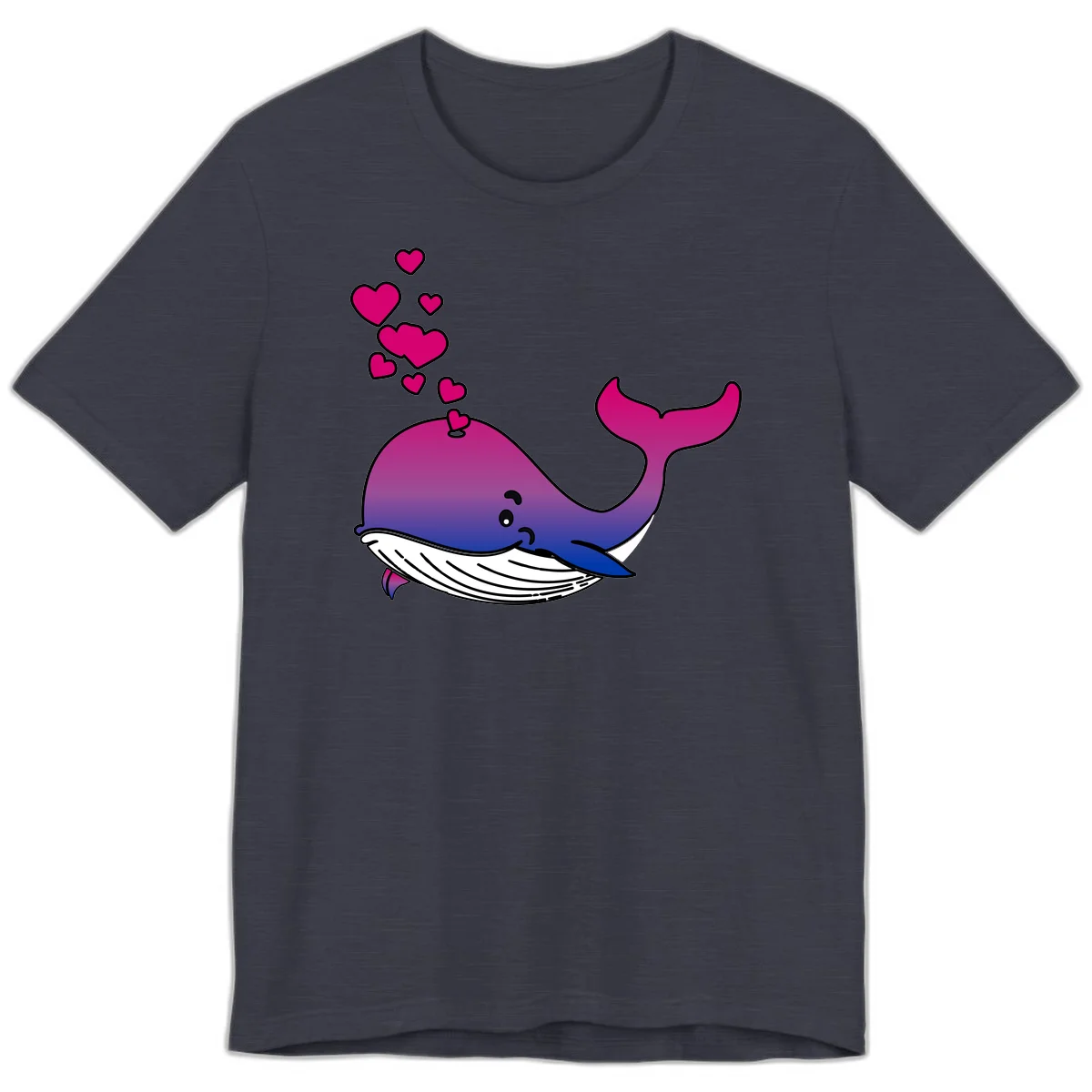Illustration of a gradient magenta and blue whale spouting pink hearts, representing love and ocean wildlife in Heather Midnight Navy