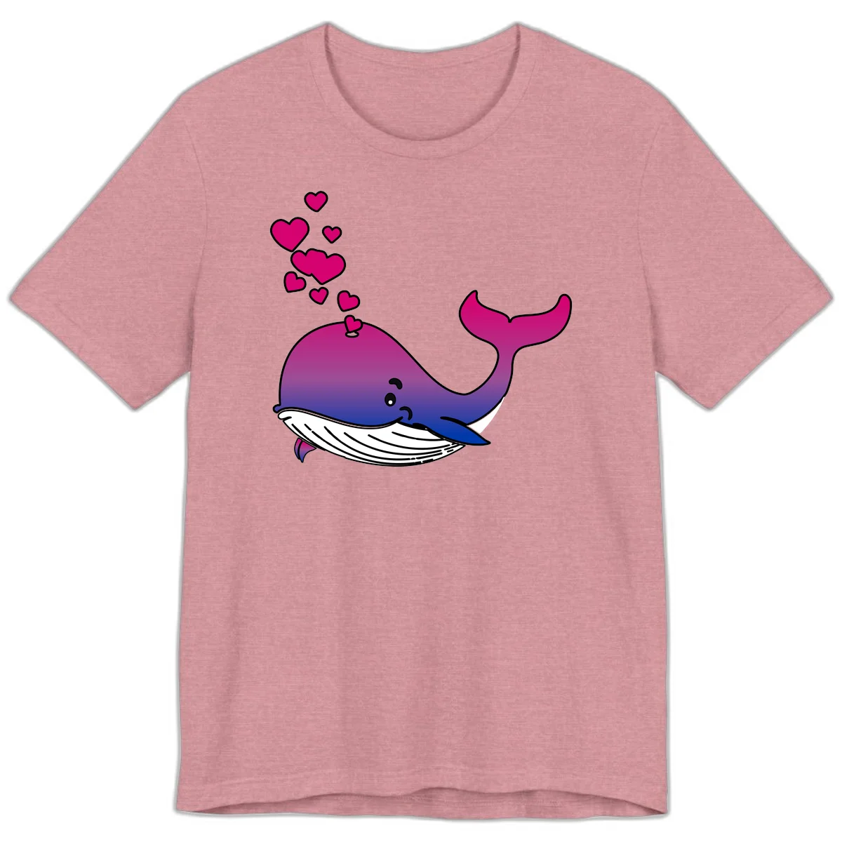 Illustration of a gradient magenta and blue whale spouting pink hearts, representing love and ocean wildlife in Heather Orchid