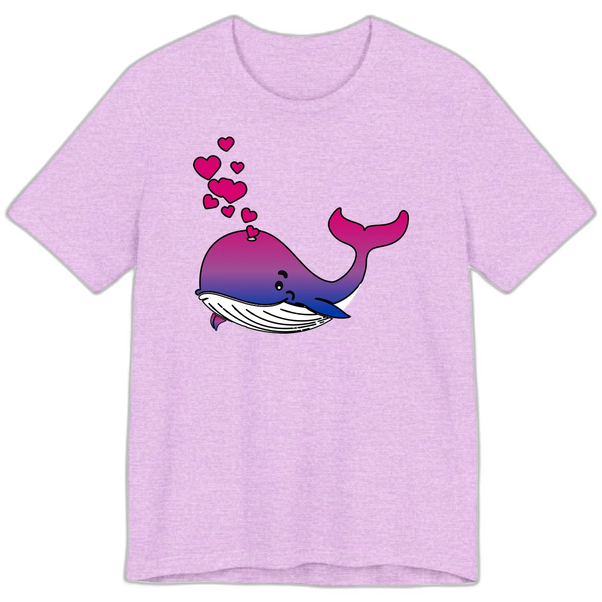 Illustration of a gradient magenta and blue whale spouting pink hearts, representing love and ocean wildlife in Heather Prism Lilac