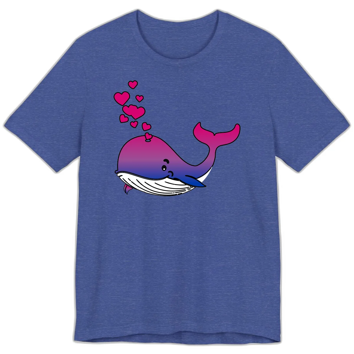 Illustration of a gradient magenta and blue whale spouting pink hearts, representing love and ocean wildlife in Heather True Royal