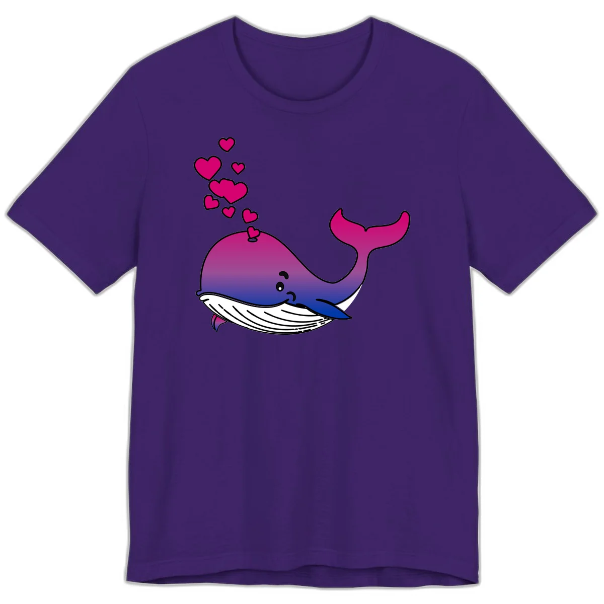 Illustration of a gradient magenta and blue whale spouting pink hearts, representing love and ocean wildlife in Team Purple