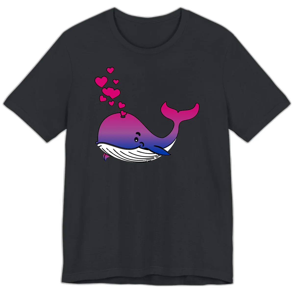 Illustration of a gradient magenta and blue whale spouting pink hearts, representing love and ocean wildlife in Vintage Black