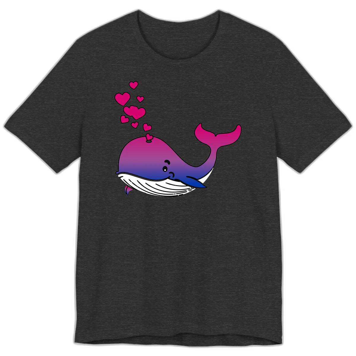 Illustration of a gradient magenta and blue whale spouting pink hearts, representing love and ocean wildlife in Dark Grey Heather