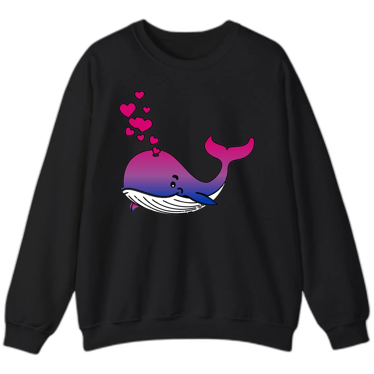 Illustration of a gradient magenta and blue whale spouting pink hearts, representing love and ocean wildlife in Black