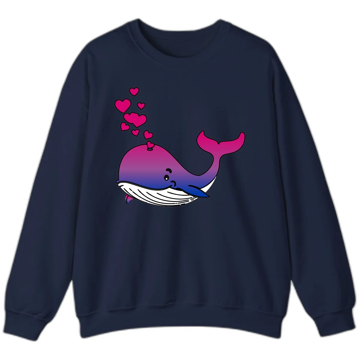 Illustration of a gradient magenta and blue whale spouting pink hearts, representing love and ocean wildlife in Navy