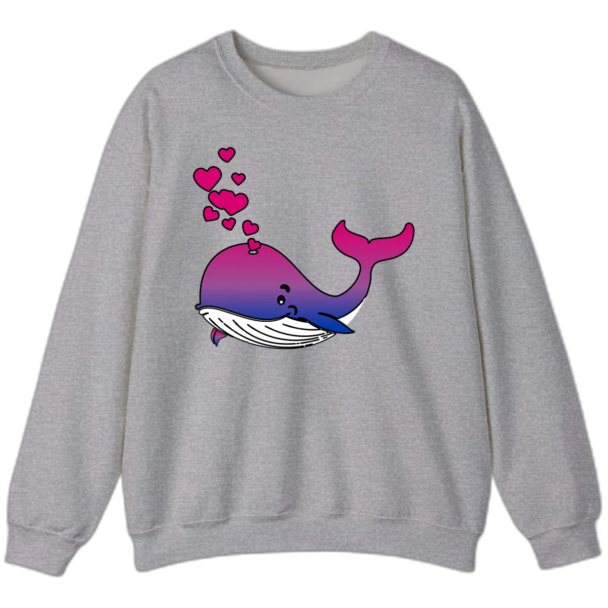Illustration of a gradient magenta and blue whale spouting pink hearts, representing love and ocean wildlife in Sport Grey
