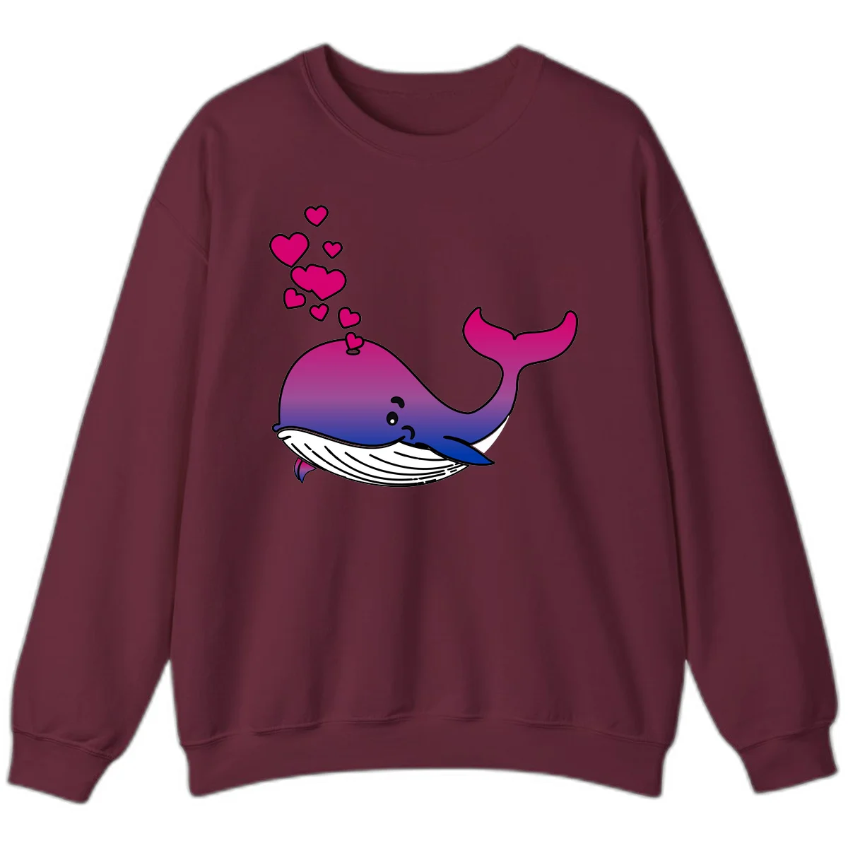 Illustration of a gradient magenta and blue whale spouting pink hearts, representing love and ocean wildlife in Maroon