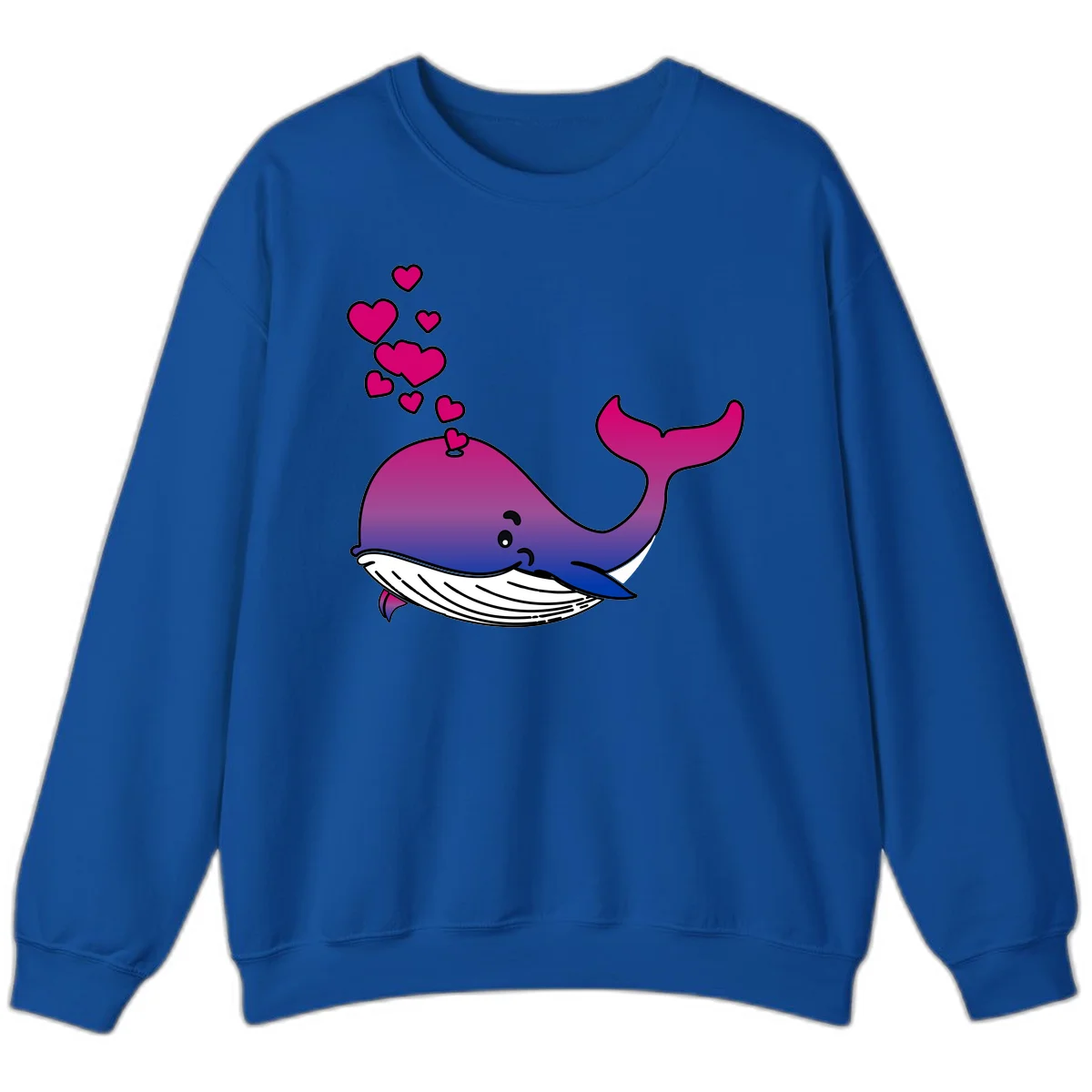 Illustration of a gradient magenta and blue whale spouting pink hearts, representing love and ocean wildlife in Royal