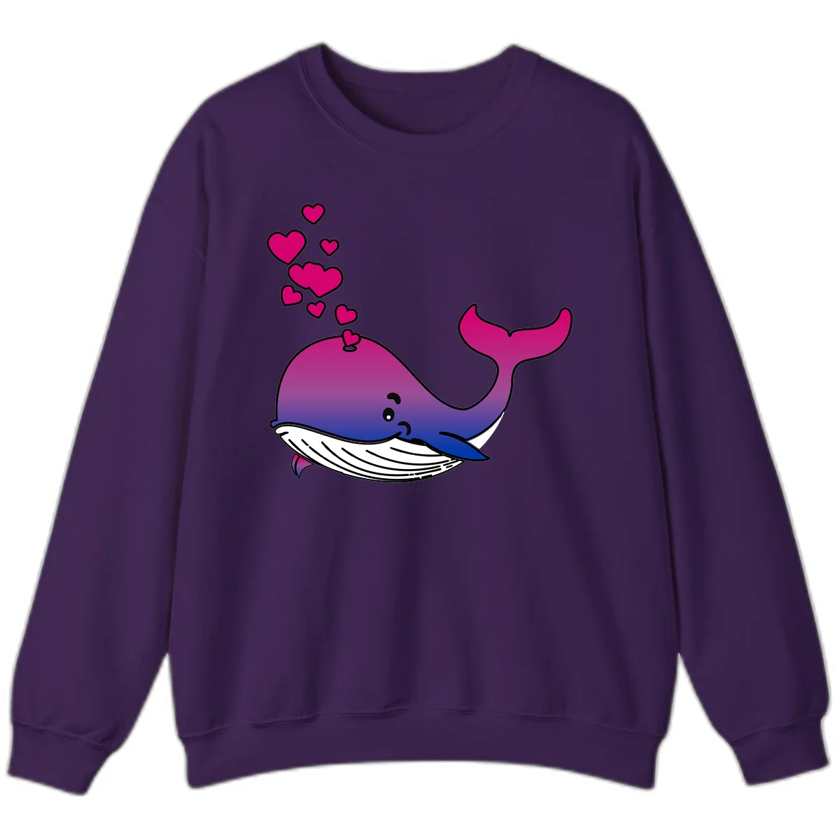 Illustration of a gradient magenta and blue whale spouting pink hearts, representing love and ocean wildlife in Purple