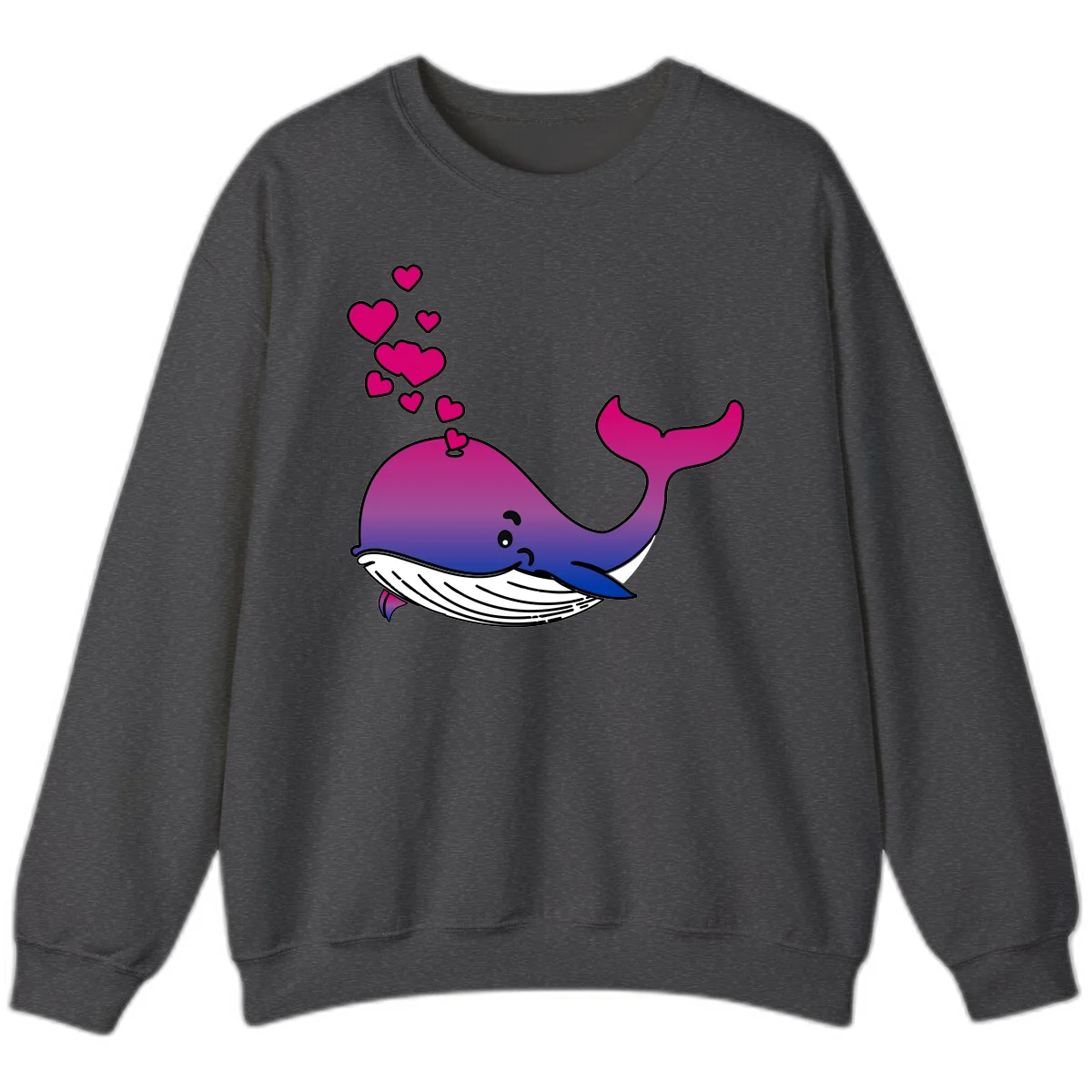 Illustration of a gradient magenta and blue whale spouting pink hearts, representing love and ocean wildlife in Dark Heather