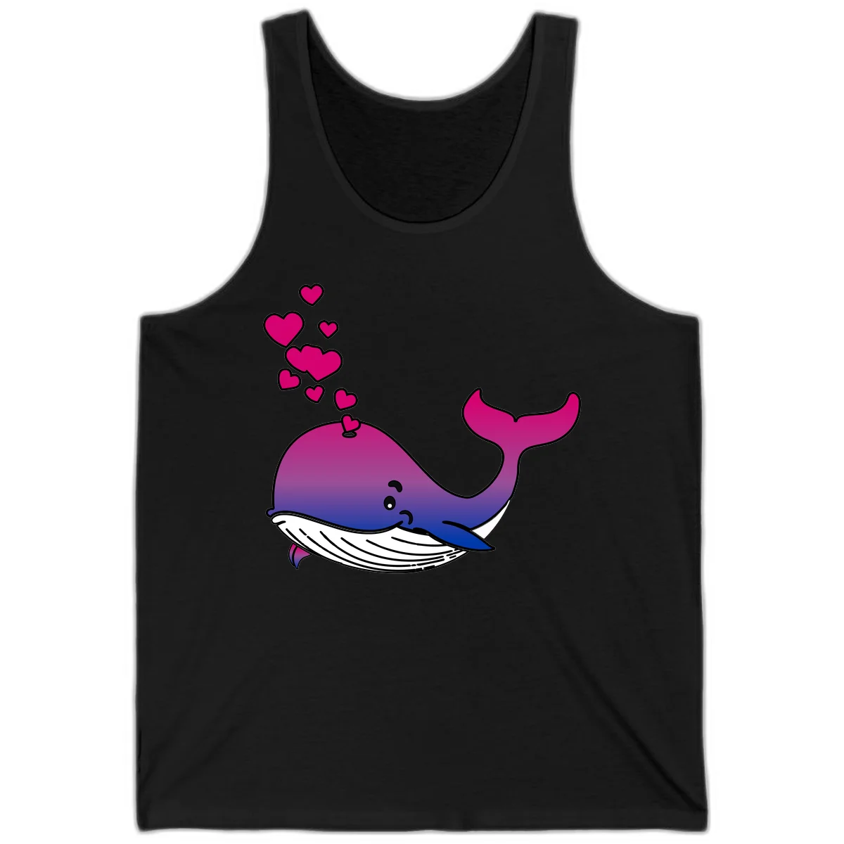 Illustration of a gradient magenta and blue whale spouting pink hearts, representing love and ocean wildlife in Black